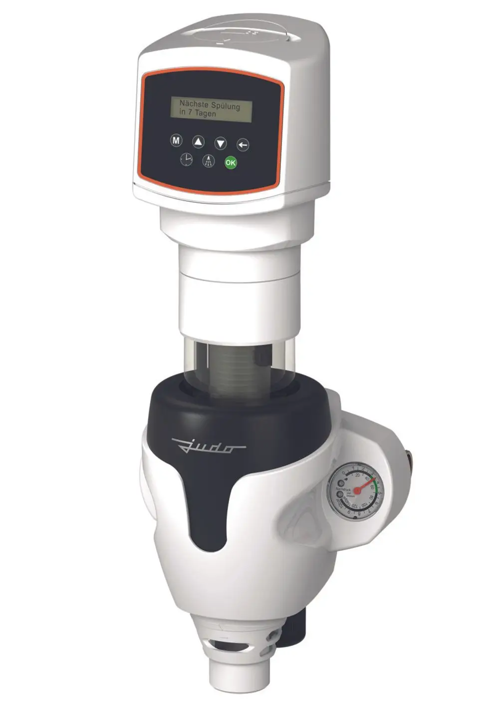 Automatische Wasserstation von Judo mit digitalem Display, Tasten zur Bedienung, und Manometer zur Druckanzeige. Gerät in weiß und schwarz mit transparentem Behälter.